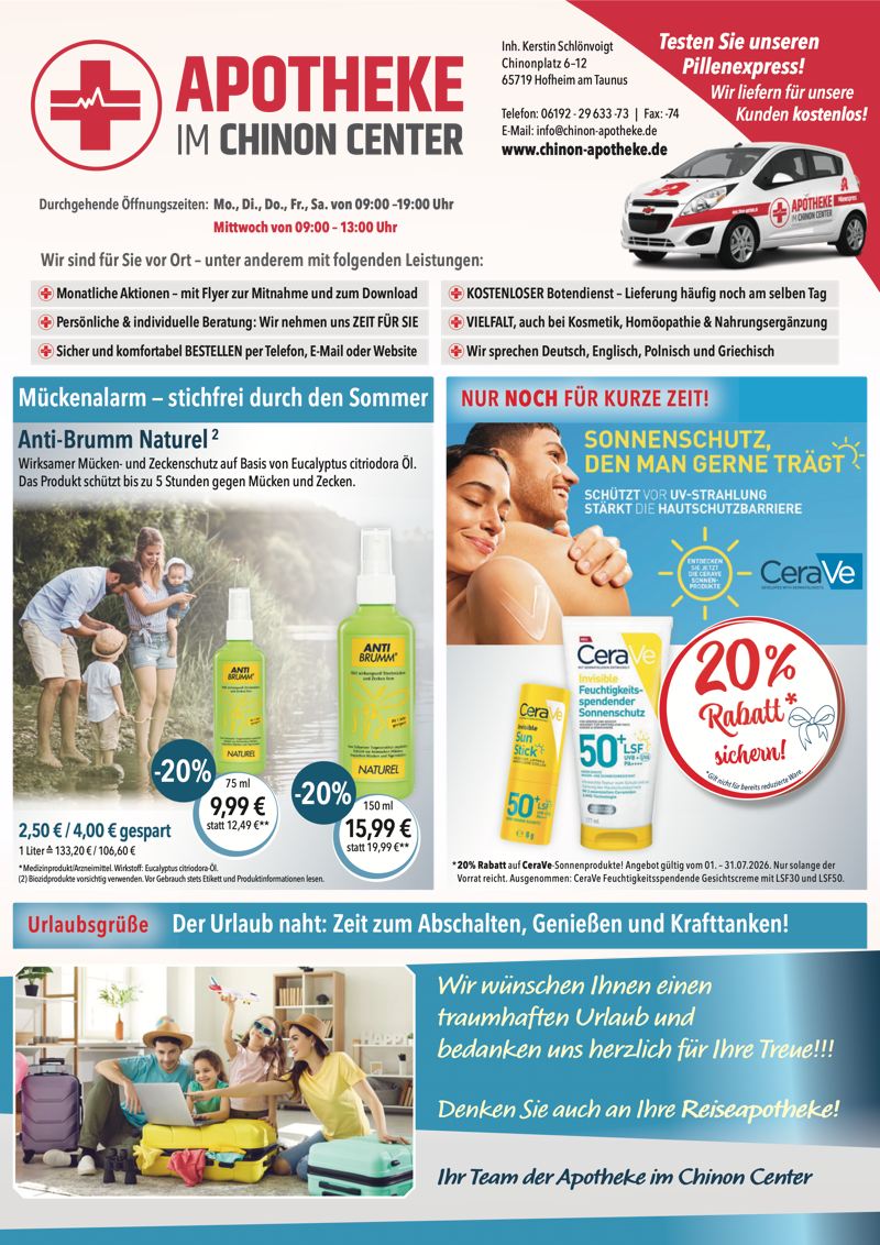 Aktuelle Monatsangebote der Apotheke im Chinon Center Monatlicher Angebotsflyer der Apotheke im Chinon Center mit Informationen zu Öffnungszeiten, Leistungen, Aktionen und wechselnden Produktangeboten aus Bereichen wie Gesundheit, Pflege und Selbstmedikation.